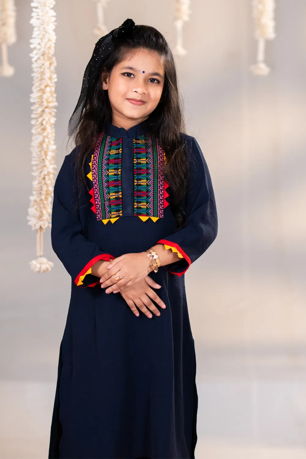 Kids Blue Linen Kameez 2-Piece Set with Embroidery