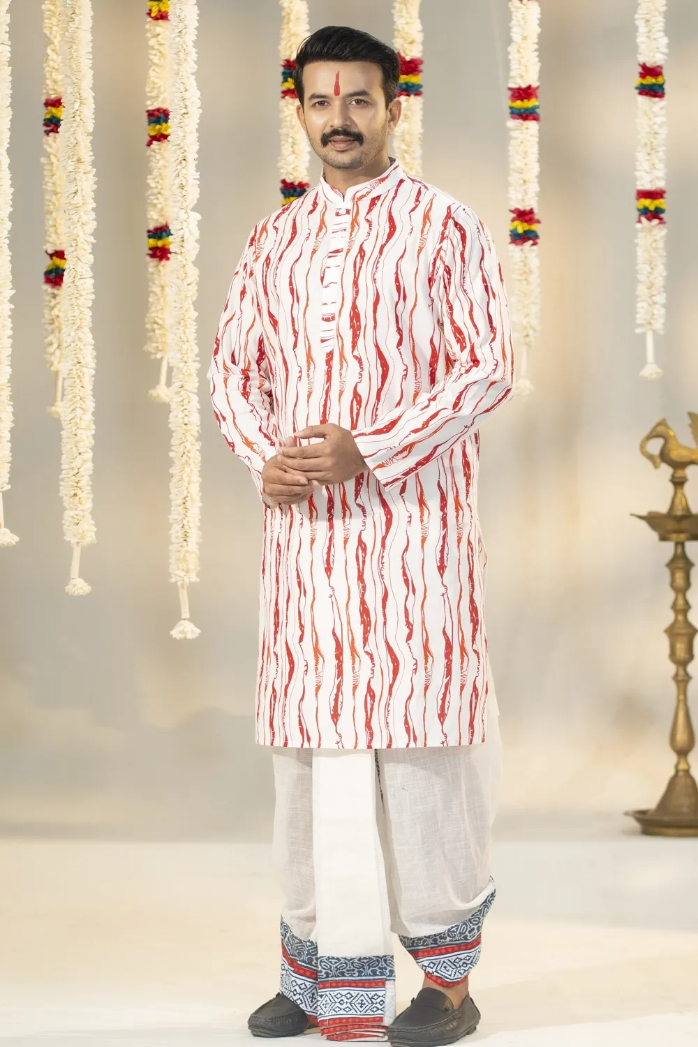 Classic White Cotton Panjabi with Screen Print Design
