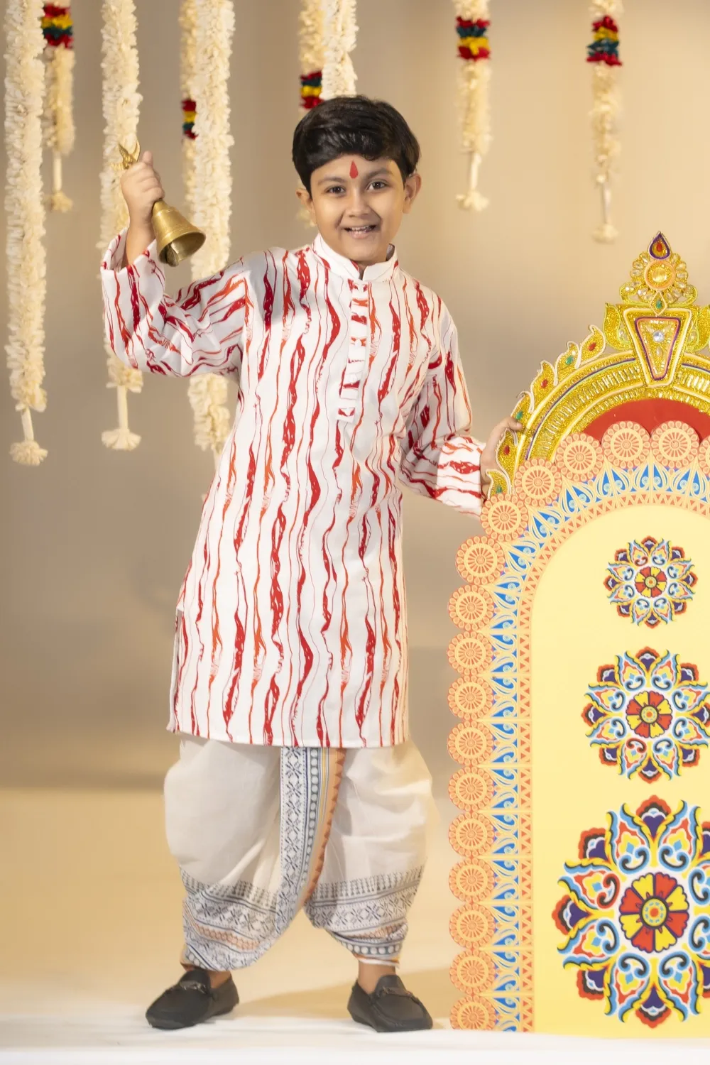 Snow White Cotton Screen Printed Kids' Panjabi