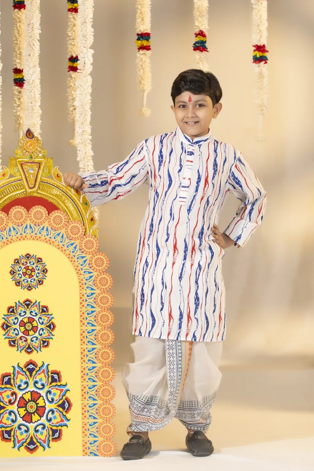 White Cotton Screen Print Kid's Panjabi